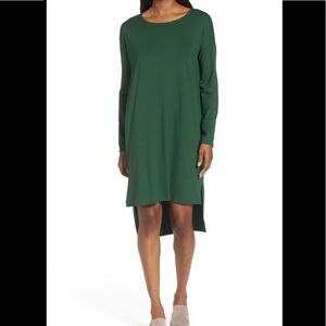 EILEEN FISHER green long sleeves jersey high low shift slip dress XXS